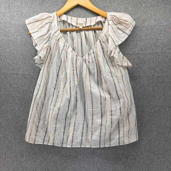 La Vie Rebecca Taylor Size XS Striped Ruffle Sleeve Blouse CottonMetallic Blend - Picture 1 of 9